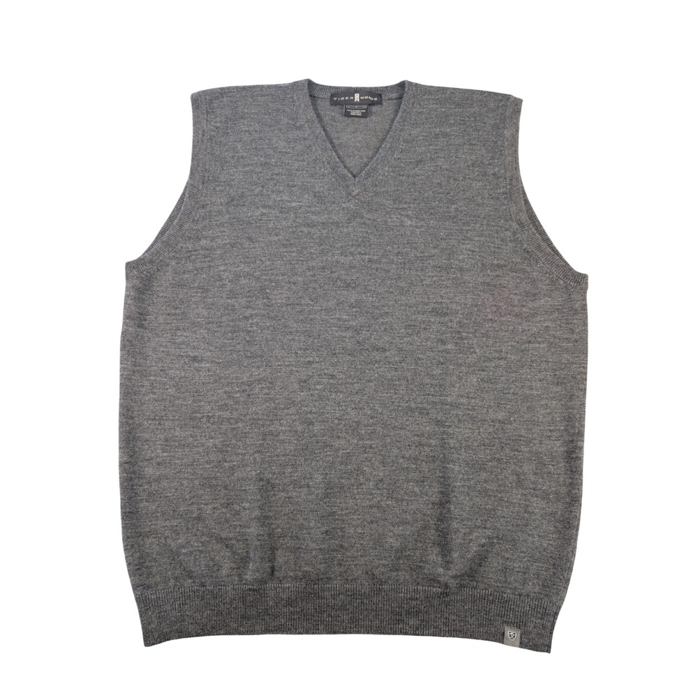 Tiger Woods Merino Wool Gray Sweater Vest Pullover Mens Size L golf knit layer